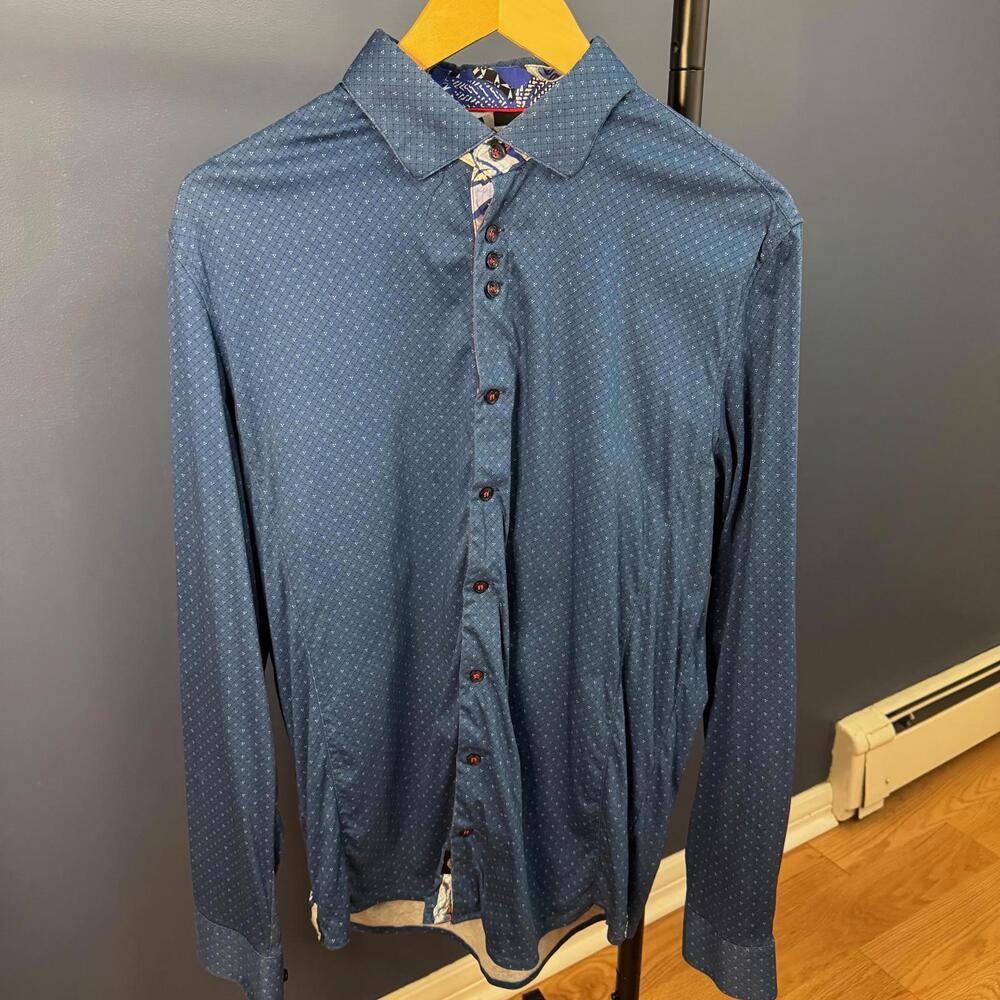 Au Noir, Mens Blue Button Up Shirt, Poco dot Floral Pattern, Size 3/Medium